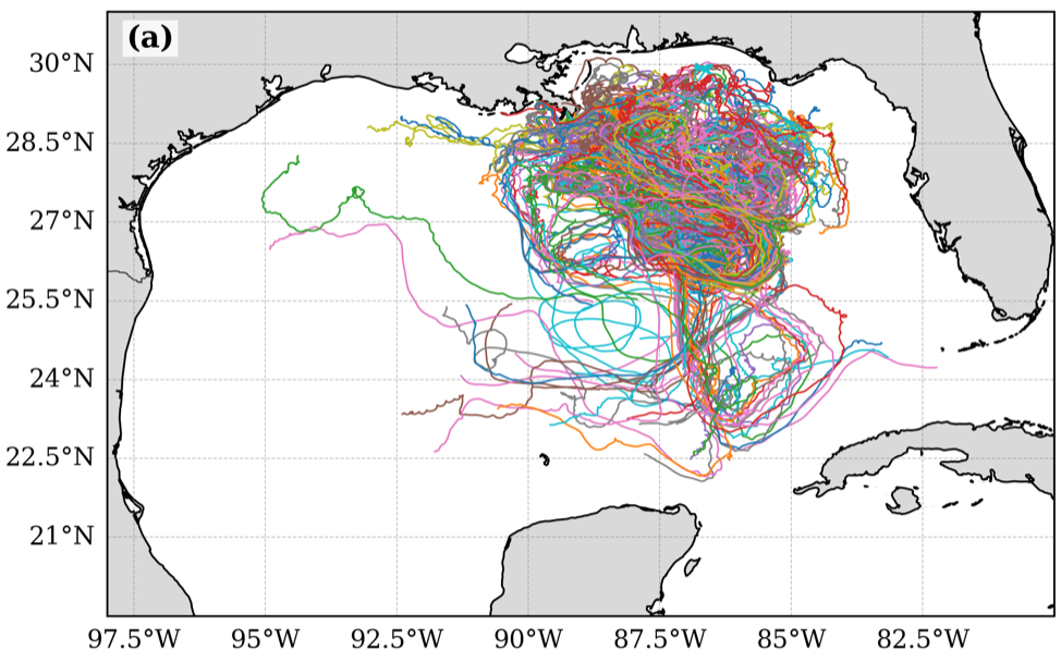 Map of the Gulf of Mexico overlaid with many colored surface-drifter trajectories